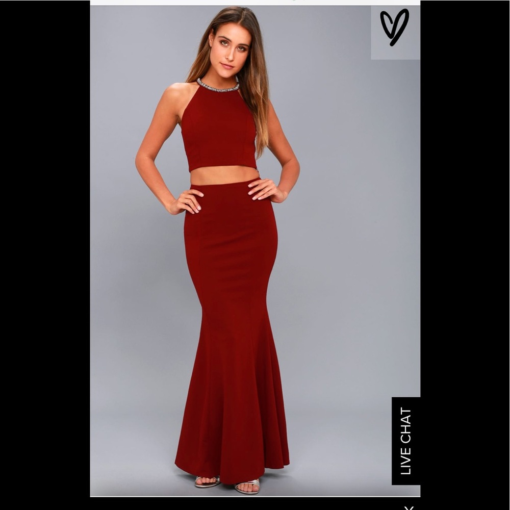 Wine red two piece halter maxi dress